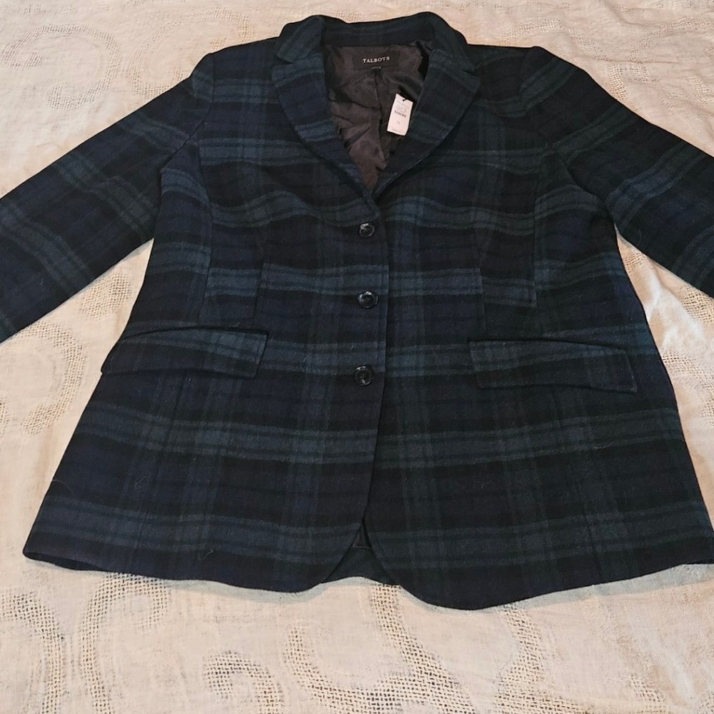 Talbots Womens Black Watch Plaid Wool Blend Blazer Jacket Navy Green Size 18 NWT